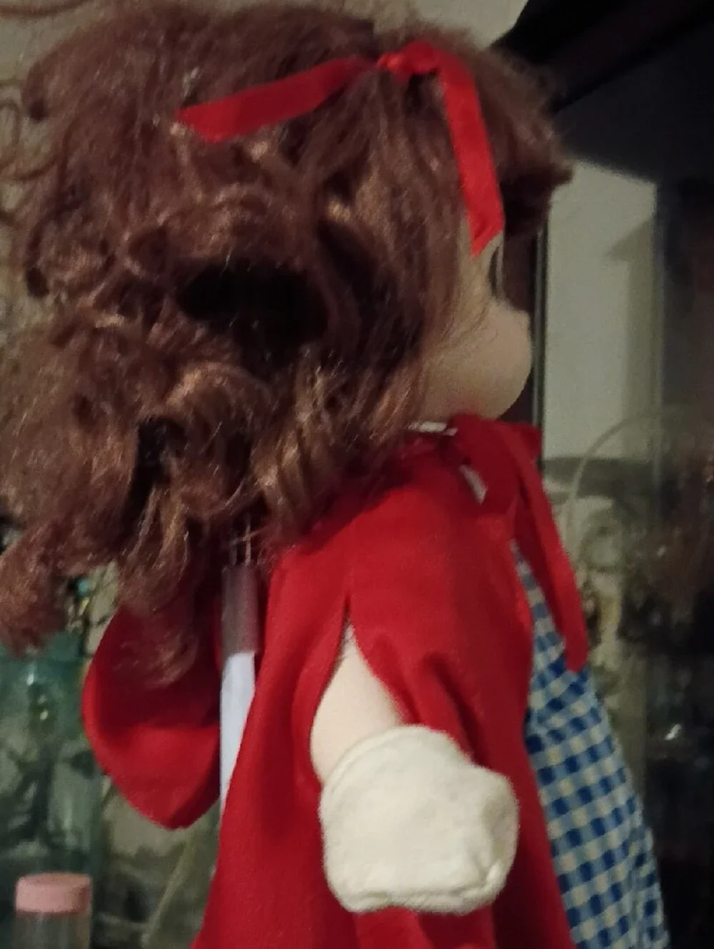 Precious Moments Red-Cape Doll with Blue Gingham Dress